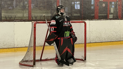 Eine Frau in Eishockey-Schutzausrüstung steht vor einem roten Tor auf der Eisbahn.