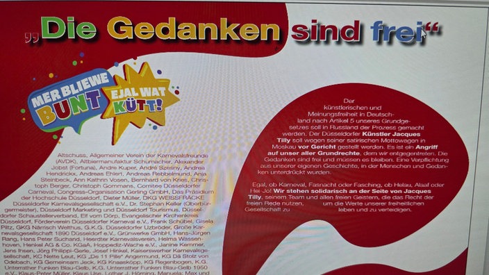 Eine Zeitungsseite mit der Überschrift "Die Gedanken sind frei" und vielen Unterschriften darunter