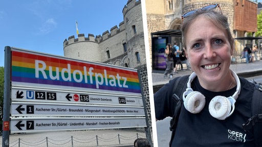 Die linke Bildhälfte zeigt das Haltestellen-Schild "Rudolfplatz" in regenbogenfarben. Rechts steht Jenny.