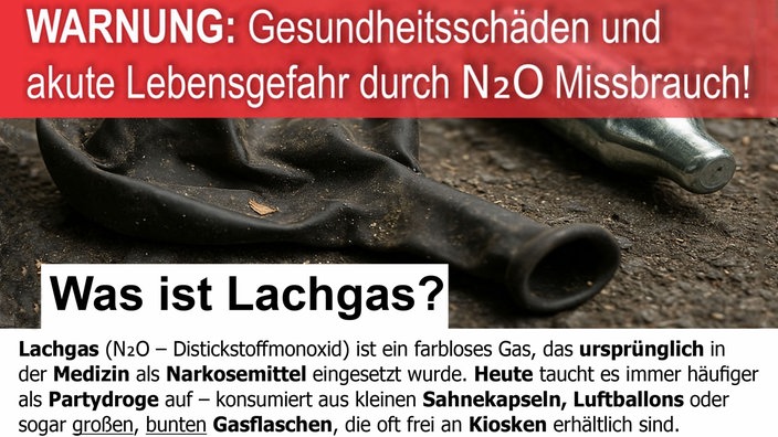 Auf dem Foto ist der obere Teil eines Infoblatts, in dem vor Lachgas gewarnt wird: "