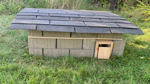 Ein Igelhaus aus Steinen und Dachpappe als Winterquartier