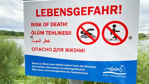 Ein Schild weist mit großen, roten Buchstaben auf verschiedenen Sprachen auf die Lebensgefahr beim Schwimmen im Rhein hin.