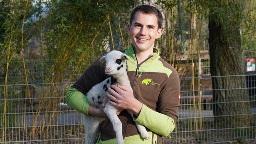Tiergarten-Leiter Martin Polotzek mit Schaf auf dem Arm