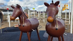 Zwei Spielgeräte in Form von Pferden stehen auf einem Spielplatz. 