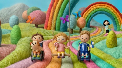 Drei Kinder sind animiert in einem Film zu sehen, wie sie in einer bunten Umgebung in Rollstühlen und Schaukeln unterwegs sind.
