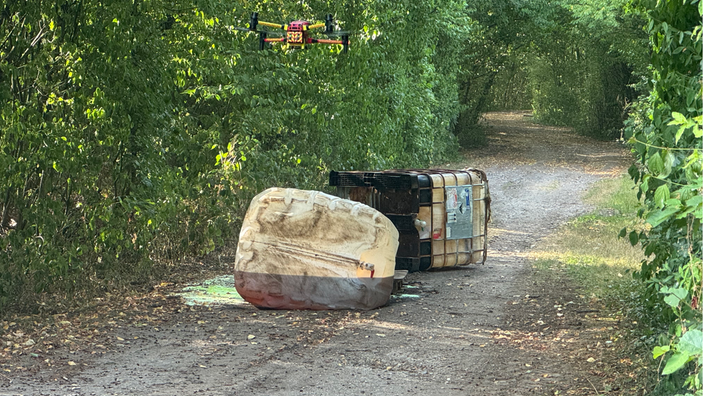 Zwei 1.000-Liter-Container liegen umgekippt an einem Waldweg.