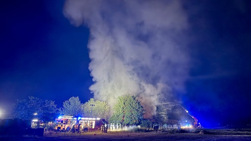 Über einem Baustofflager in Bornheim steigt eine dichte Rauchsäule in den Nachthimmel auf