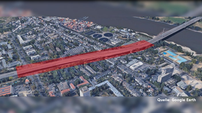 Eine Satelliten-Ansicht der Stadt Bonn rund um die Bonner Nordbrücke, ein Teil der Brücke ist rot markiert.