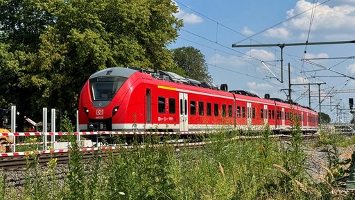 Ein roter Regionalzug der deutschen Bahn steht auf Gleisen.