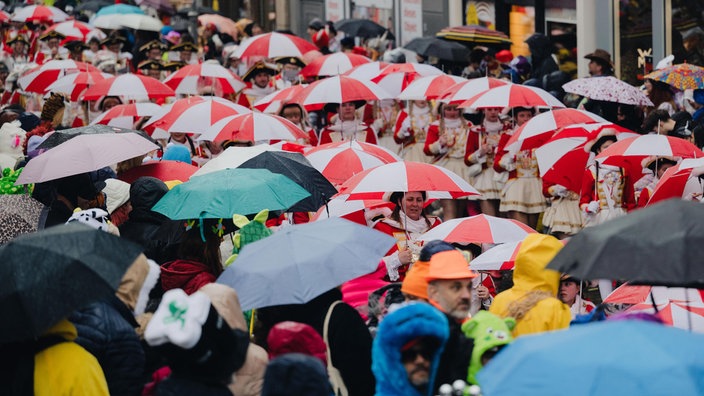 Viele verkleidete Menschen mit Regenschirmen. 