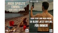 Zwei Schockbilder warnen vor Badeunfällen, ein einsamer Teddy am Strand mit dem Schriftzug "Hier spielte Emma - vor drei Tragen" und ein Mann der ein Selfie macht mit dem Schriftzug "Seine Story ging noch online. Er bleibt jetzt offline. Für immer."