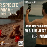 Zwei Schockbilder warnen vor Badeunfällen, ein einsamer Teddy am Strand mit dem Schriftzug "Hier spielte Emma - vor drei Tragen" und ein Mann der ein Selfie macht mit dem Schriftzug "Seine Story ging noch online. Er bleibt jetzt offline. Für immer."