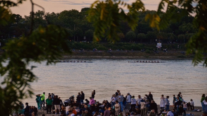 Viele Zuschauer im Rheinpark sehen die Mannschaften des Ruderrennens beim Zieleinlauf. Mit wichtigen Infos werden sie über die Lautsprecher versorgt. 
