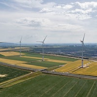 Sechs Windräder inmitten einer weiten, grünen Landschaft.