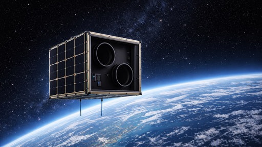KI-generiertes Bild eines Satelliten mit Messtechnik