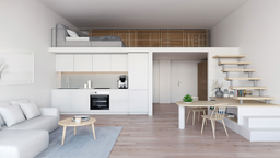 virtuelle Grafik einer Ein- Zimmer- Wohnung mit Küche, Couchbereich, Esstisch, offener Treppe und Bett auf einer Empore 