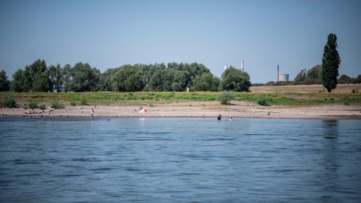 Menschen gehen im Rhein schwimmen nahe dem Anleger der Fähre Walsum-Orsoy in Duisburg