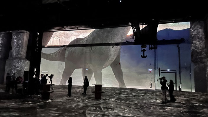 Körper und Beine eines riesigen Sauropoden werden auf die Wände projeziert