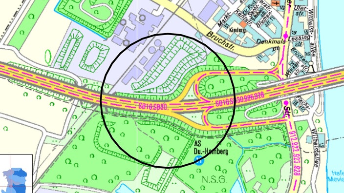 Eine Stadtkarte von Duisburg mit eingezeichneter Evakuierungszone