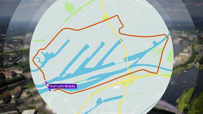 Eine Grafik von Duisburg mit dem eingezeichneten Umweg