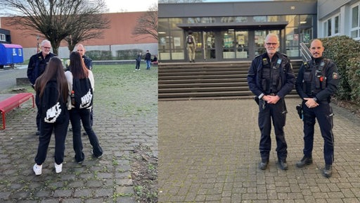 Collage aus zwei Bildern: Polizisten stehen vor einer Schule, Polizisten sprechen mit Schülerinnen und Schülern auf einem Schulhof.