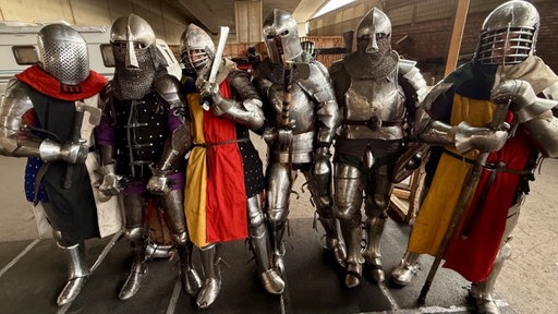 Sechs Personen, die als Ritter verkleidet sind, stehen in voller Montur in einer Reihe