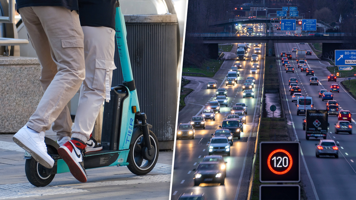 Fotomontage: Zwei Menschen auf einem E-Scooter und die A40