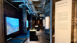Mehrere Bildschirme hängen an einer Wand. In der Ausstellung über die Eiszeit gibt es auch multimediale Elemente.