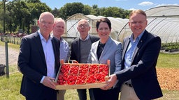 Ministerin Gorißen und weitere Personen halten eine Korb mit Erdbeeren 