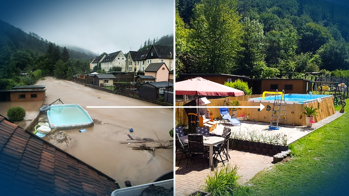 Grafische Aufarbeitung einer Vorher-Nachher-Ansicht in Hagen: Ein Swimmingpool in einem Hagener Garten