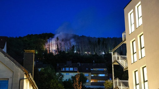 Hinter einem Wohngebiet in Hagen liegt der Steilhang mit dem brennenden Waldstück.