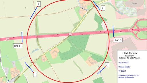 Karte des Evakuierungsradius in Hamm