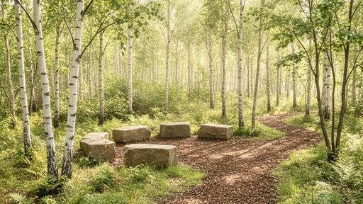 Ein Steinkreis in einem Wald entlang eines Waldweges