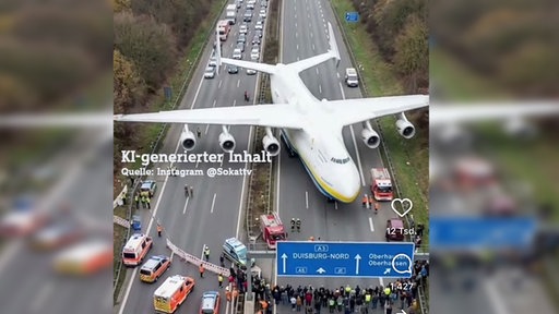KI-generiertes Bild: Ein Flugzeug steht auf einer Autobahn bei Duisburg