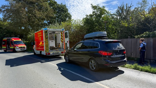 Zwei Rettungsfahrzeuge und ein schwarzer PKW halten am Straßenrand. Daneben stehen zwei Polizisten. 