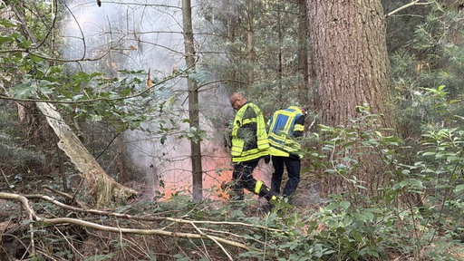 Zwei Männer im Wald in Schutzkleidung vor einem Feuer