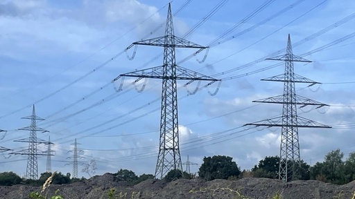 Hochspannungsmasten stehen auf einem Feld.
