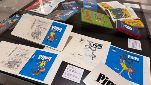 Ein Schaukasten mit Pippi Langstrumpf Büchern.