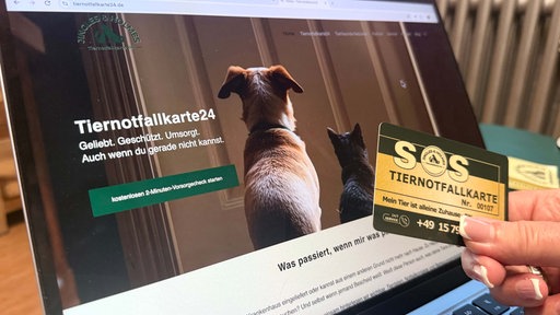 Ein Hund von hinten und die SOS Notfallkarte im Checkkartenformat