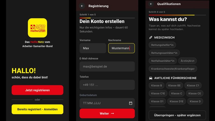 Die Oberfläche der App "Helfernetz": Startseite, Anmeldemaske und Auswahlmaske für die eigenen Fähigkeiten - z.B. den Führerschein. 