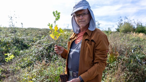 Ein Mann steht auf einer Wiese und hält einen kleinen Baum in der Hand