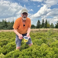 Ein Mann steht auf einem Feld und hält einen kleinen Eimer mit Blaubeeren in der Hand.