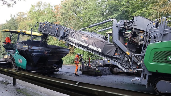Baufahrzeuge auf einer Straße, die den Asphalt erneuern.
