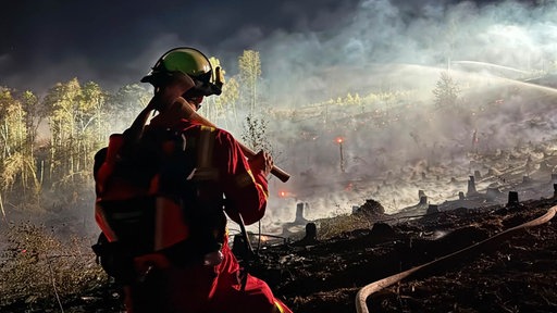 Feuerwehrmann von hinten bei Löschungsarbeiten