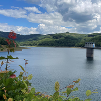 Obernautalsperre in der unteren Mitte des Bildes, im Hintergrund grüne Hügel und ein wolkiger Himmel
