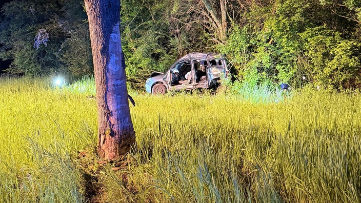 Das Unfall Wrack mit Baum mit Abriebspuren