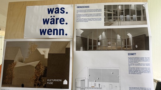 Eine Holzwand mit Abbildungen auf Papier