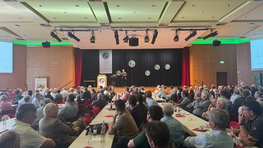 Ein Mann steht auf einer Bühne in einem großen Saal