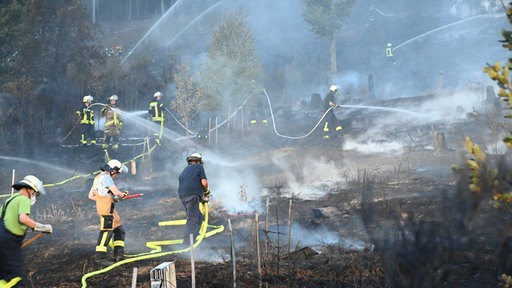 Mehrere Feuerwehrkräfte löschen einen großflächigen Brand