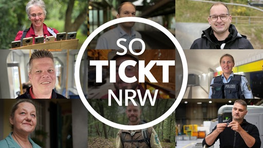 Porträts von verschiedenen Menschen aus NRW, in der Mitte ein weißer Kreis mit der Inschrift "So tickt NRW"